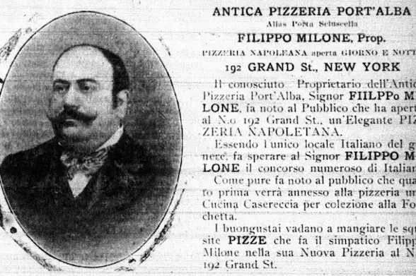 Filippo Milone, pictured in an ad in the May 9, 1903 issue of Il Telegrafo, an Italian newspaper published in New York City, that Regas found in his research. [Peter Regas’ scan/New York Public Library]